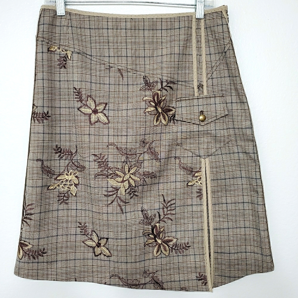 CRETON Floral Embroided Check Plaid Skirt